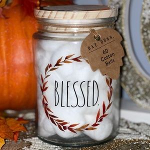 NWT RAE DUNN Fall "Blessed" Glass Jar Canister with Wood Lid Cotton Balls